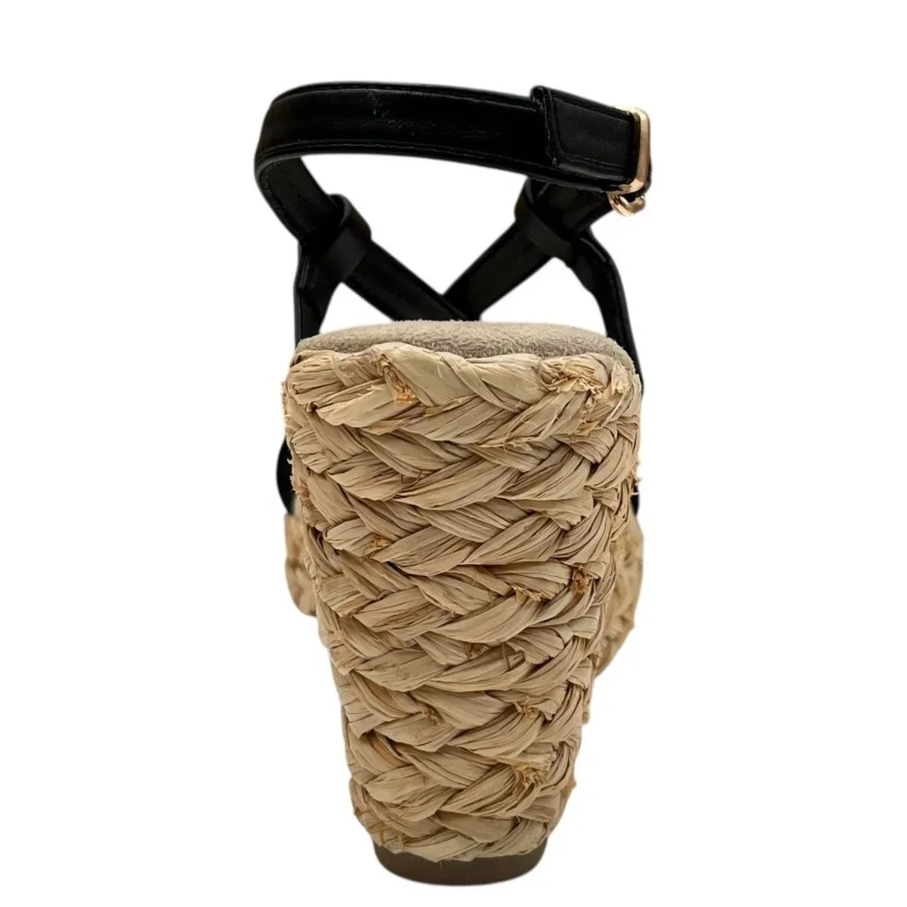 Anne Klein Akwanessa Women’s Espadrille‎ Wedge Sandals Size 9 Black-Tan Strappy